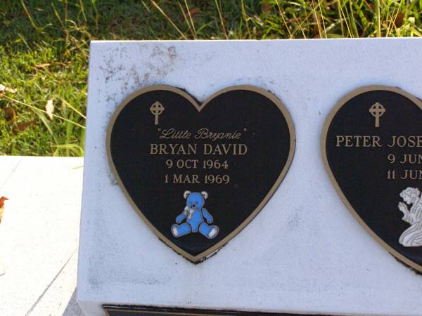 Bryan David,  | 9 Oct 1964 - 1 Mar 1969;  | Peter Joseph Edward,  | 9 June 1975 - 11 June 1975;  | John,  | 2 Nov 1969 - 2 Nov 1969;  | children of Bryan & Phyl SLATTERY;  | Gleneagle Catholic cemetery, Beaudesert Shire  | 