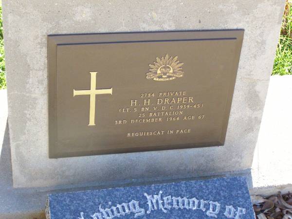 H.H. (Blue) DRAPER, husband father,  | died 3 Dec 1964 aged 67 years;  | Gleneagle Catholic cemetery, Beaudesert Shire  | 