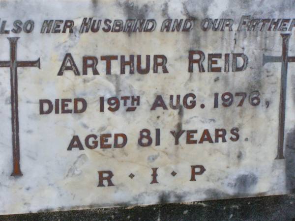 Margaret REID, wife mother,  | died 17 June 1960 aged 56 years;  | Arthur REID, husband father,  | died 19 Aug 1976 aged 81 years;  | Gleneagle Catholic cemetery, Beaudesert Shire  | 