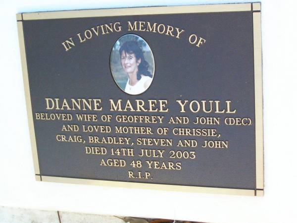 Dianne Maree YOULL,  | wife of Geoffrey & John (dec),  | mother of Chrissie, Craig, Bradley, Steven & John,  | died 14 July 2003 aged 48 years;  | Gleneagle Catholic cemetery, Beaudesert Shire  | 