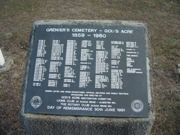 <a href= plaque1.html >Click to read plaque</a>;  | God's Acre cemetery, Archerfield, Brisbane  | 
