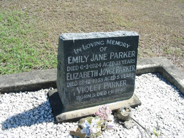 Emily Jane PARKER,  | died 6-3-1924 aged 33 years;  | Elizabeth Joyce PARKER,  | died 12-12-1938 aged 5 years;  | Violet PARKER,  | born & died 1-11-1945;  | God's Acre cemetery, Archerfield, Brisbane  | 