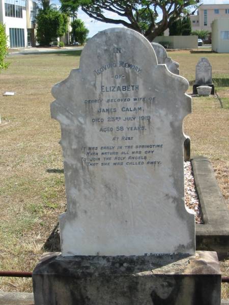 Elizabeth (wife of James) CALAM  | 23 Jul 1919 aged 58  | God's Acre cemetery, Archerfield, Brisbane  | 