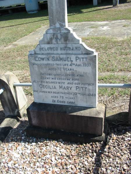 Edwin Samuel PITT  | 4 Aug 1937 aged 72  | Cecilia Mary PITT  | 13 Sep 1940 aged 76  | God's Acre cemetery, Archerfield, Brisbane  | 