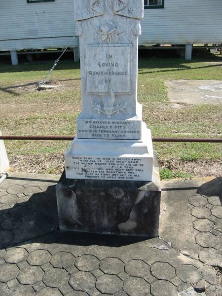 Charles PITT  | 24 Feb 1903 aged 75  | Research Contact: Graham Lewis <graham.lewis@optusnet.com.au>  | God's Acre cemetery, Archerfield, Brisbane  | 