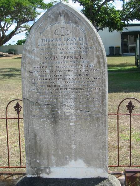 Thomas GRENIER  | 7 Oct 1877 aged 69  | (wife) Mary GRENIER  | 2 Mar 1876 aged 62  | God's Acre cemetery, Archerfield, Brisbane  | 