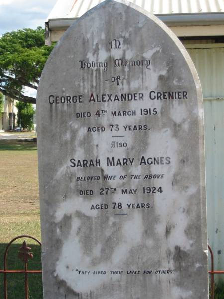 George Alexander GRENIER  | 4 Mar 1915 aged 73  | (wife) Sarah Mary Agnes GRENIER  | 27 May 1924 aged 78  | God's Acre cemetery, Archerfield, Brisbane  | 