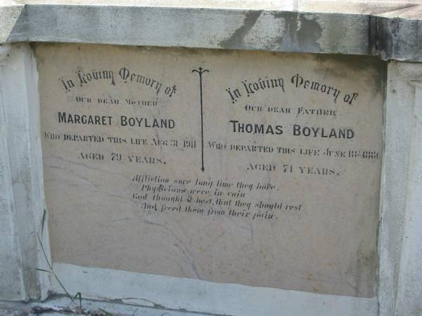 Margaret BOYLAND  | 31 Aug 1911 aged 79  | Thomas BOYLAND  | 18 Jun 1886 aged 71  | God's Acre cemetery, Archerfield, Brisbane  | 