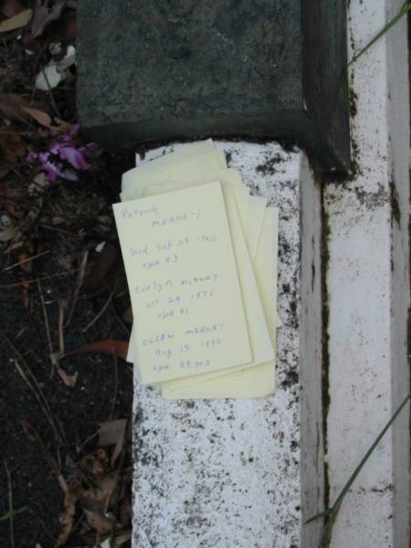 Patrick MEANEY died 25 Sept 1944 aged 83;  | Evelyn MEANEY died 29 Oct 1976 aged 81;  | Ellen MEANEY died 15 Aug 1950 aged 89;  | Goodna General Cemetery, Ipswich.  | 