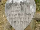 Alfred MACLEOD, son, died 17 Nov 1929 aged 9 years; Goomeri cemetery, Kilkivan Shire 