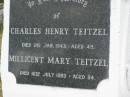 Charles Henry TEITZEL, died 2 Jan 1943 aged 49 years; Millicent Mary TIETZEL, died 10 July 1993 aged 94 years; Goomeri cemetery, Kilkivan Shire 