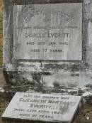 Charles EVERITT, husband father, died 29 Jan 1940 aged 77 years; Elizabeth Martha EVERITT, wife, died 22 Sept 1954 aged 91 years; Goomeri cemetery, Kilkivan Shire 