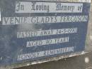 Venie Gladys FERGUSON, died 24-5-1990 aged 90 years; John (Slab) FERGUSON, died 23-6-1965 aged 57 years; Goomeri cemetery, Kilkivan Shire 