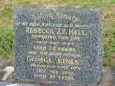 Rebecca J.A. HALL, wife mother, died 16 May 1957 aged 73 years; George Ernest, father, died 16 Feb 1979 aged 97 years; Goomeri cemetery, Kilkivan Shire 