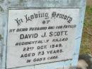 David J. SCOTT, husband father son, accidentally killed 22 Oct 1949 aged 23 years; Goomeri cemetery, Kilkivan Shire 
