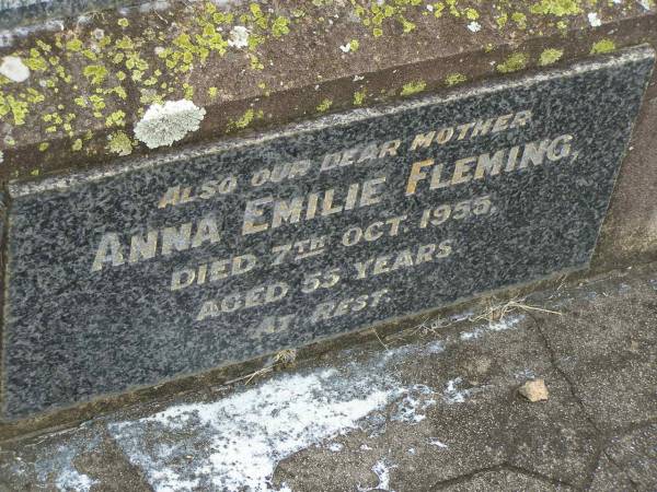 Thomas Stevenson FLEMING,  | husband father,  | accidentally killed 29 June 1935 aged 33 years;  | Anna Emilie FLEMING,  | mother,  | died 7 Oct 1955 aged 55 years;  | Goomeri cemetery, Kilkivan Shire  | 