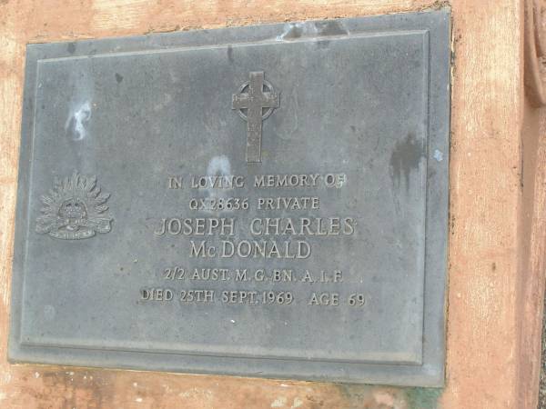Joseph Charles MCDONALD,  | died 25 Sept 1969 aged 69 years;  | Goomeri cemetery, Kilkivan Shire  | 