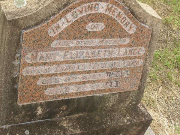 Mary Elizabeth LANGE,  | mother,  | wife of Charles Frederick LANGE,  | died 9 March 1948? aged 72 years;  | Goomeri cemetery, Kilkivan Shire  | 