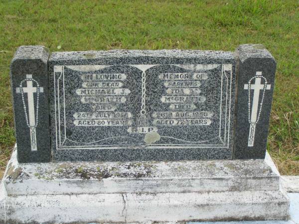 parents;  | Michael J. MCGRATH,  | died 24 July 1956 aged 80 years;  | Ida A. MCGRATH,  | died 26 Aug 1956 aged 72 years;  | Goomeri cemetery, Kilkivan Shire  | 