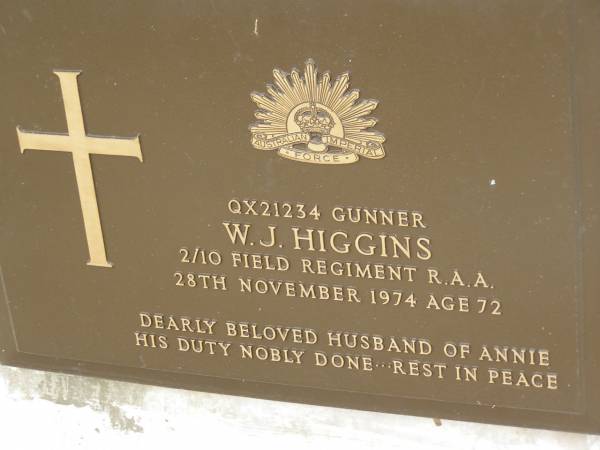 W.J. HIGGINS,  | died 28 Nov 1974 aged 72 years,  | husband of Annie;  | Goomeri cemetery, Kilkivan Shire  | 