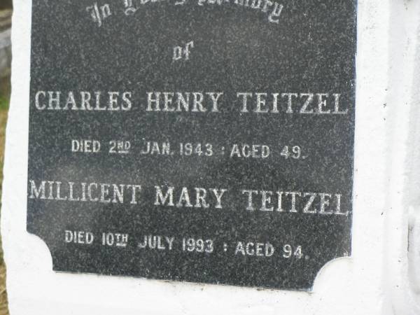 Charles Henry TEITZEL,  | died 2 Jan 1943 aged 49 years;  | Millicent Mary TIETZEL,  | died 10 July 1993 aged 94 years;  | Goomeri cemetery, Kilkivan Shire  | 