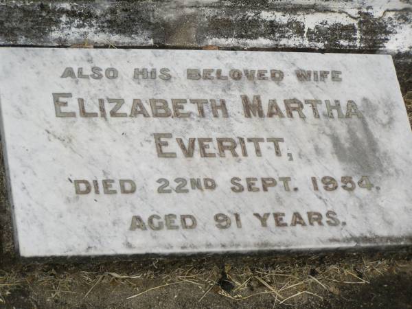 Charles EVERITT,  | husband father,  | died 29 Jan 1940 aged 77 years;  | Elizabeth Martha EVERITT,  | wife,  | died 22 Sept 1954 aged 91 years;  | Goomeri cemetery, Kilkivan Shire  | 