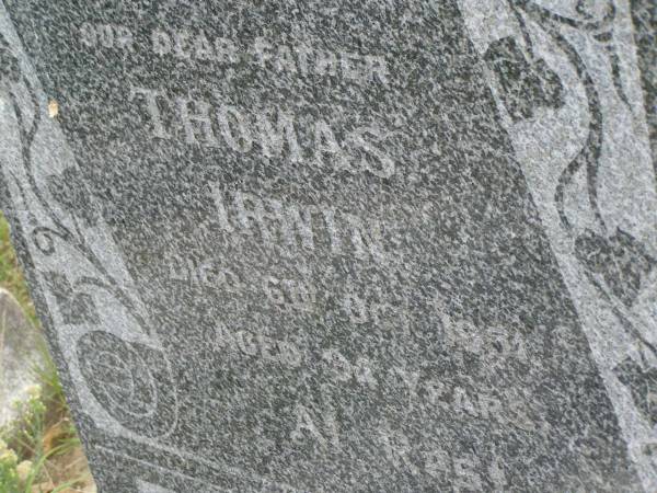Thomas IRWIN,  | father,  | died 6 Oct 1951 aged 94 years;  | Goomeri cemetery, Kilkivan Shire  | 