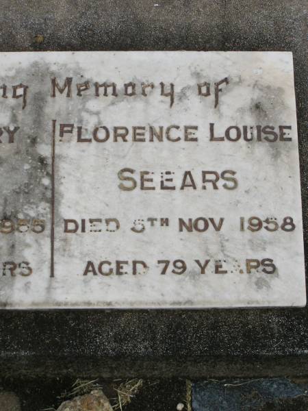 John Henry SEEARS,  | died 20 Aug 1955 aged 75 years;  | Florence Louise SEEARS,  | died 5 Nov 1958 aged 79 years;  | Goomeri cemetery, Kilkivan Shire  | 