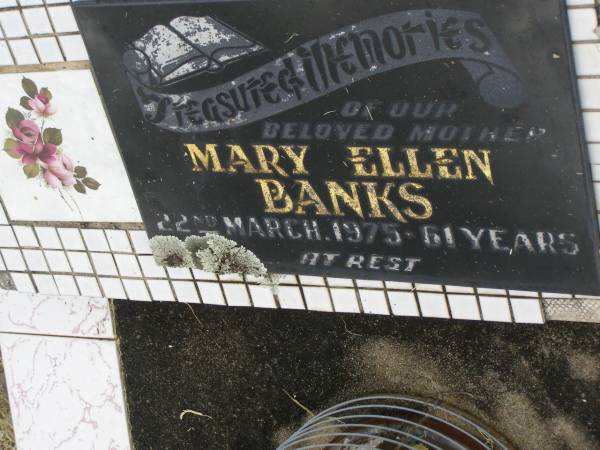 Mary Ellen BANKS,  | mother,  | died 22 March 1975 aged 61 years;  | Goomeri cemetery, Kilkivan Shire  | 