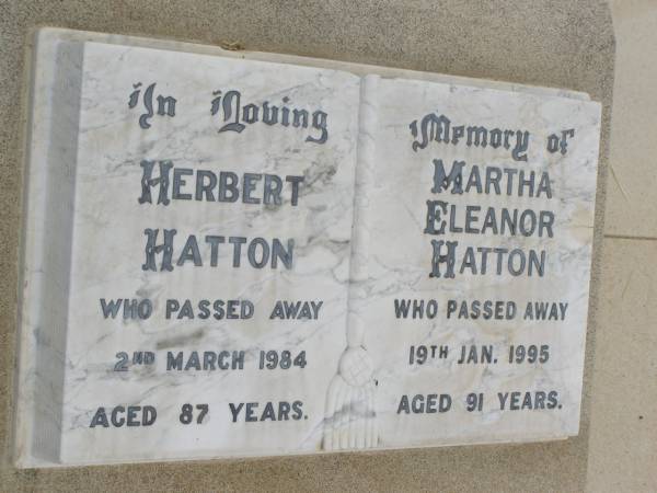 Herbert HATTON,  | died 2 March 1984 aged 87 years;  | Martha Eleanor HATTON,  | died 19 Jan 1995 aged 91 years;  | Goomeri cemetery, Kilkivan Shire  | 