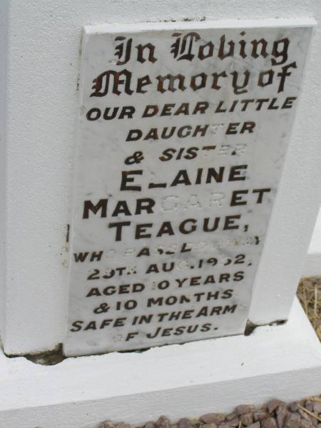 Elaine Margaret TEAGUE,  | daughter sister,  | 29 Aug 1952 aged 10 years 10 months;  | Goomeri cemetery, Kilkivan Shire  | 