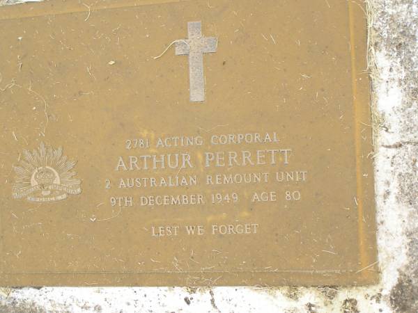 Arthur PERRETT,  | died 9 Dec 1949 aged 80 years;  | Goomeri cemetery, Kilkivan Shire  | 