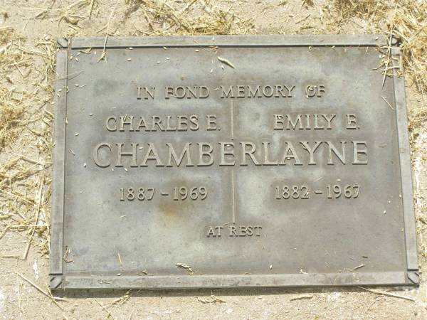 Charles E. CHAMBERLAYNE,  | 1887 - 1969;  | Emily E. CHAMBERLAYNE,  | 1882 - 1967;  | Goomeri cemetery, Kilkivan Shire  | 