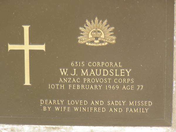 W.J. MAUDSLEY,  | died 10 Feb 1969 aged 77 years,  | missed by wife Winifred & family;  | Goomeri cemetery, Kilkivan Shire  | 