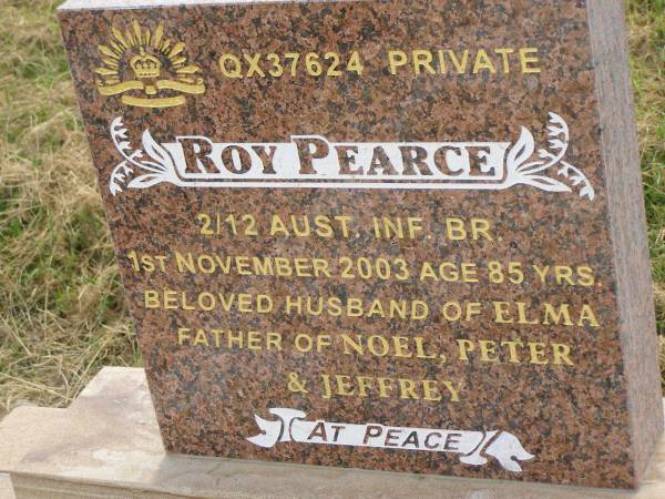 Roy PEARCE,  | died 1 Nov 2003 aged 85 years,  | husband of Elma,  | father of Noel, Peter & Jeffrey;  | Goomeri cemetery, Kilkivan Shire  | 