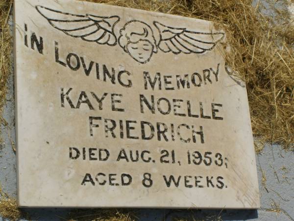 Kaye Noelle FRIEDRICH,  | died 21 Aug 1953 aged 8 weeks;  | Goomeri cemetery, Kilkivan Shire  | 