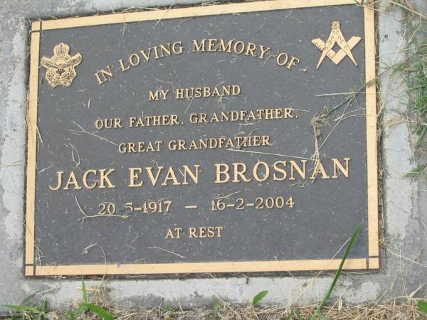 Jack Evan BROSNAN,  | husband father grandfather great-grandfather,  | 20-5-1917 - 16-2-2004;  | Goomeri cemetery, Kilkivan Shire  | 