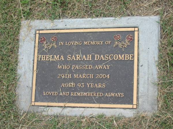 Thelam Sarah DASCOMBE,  | died 29 March 2004 aged 93 years;  | Goomeri cemetery, Kilkivan Shire  | 