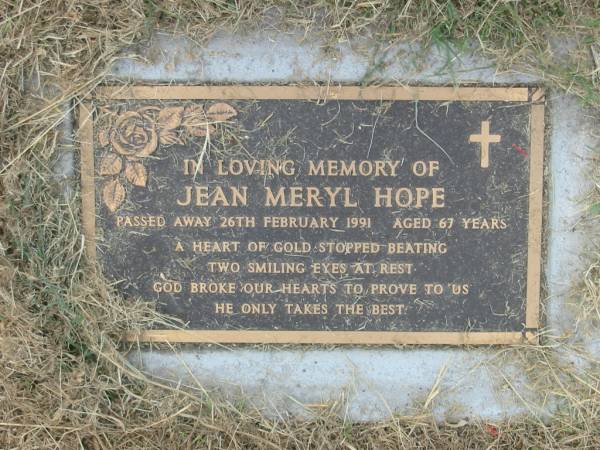Jean Meryl HOPE,  | died 26 Feb 1991 aged 67 years;  | Goomeri cemetery, Kilkivan Shire  | 