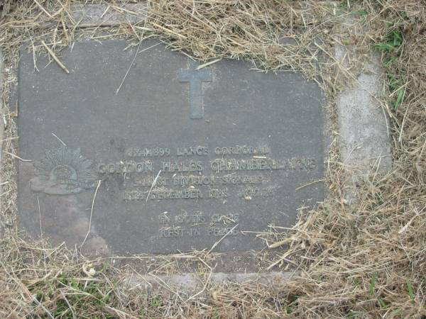 Gordon Hales CHAMBELAYNE,  | died 11 Dec 1988 aged 76 years;  | Goomeri cemetery, Kilkivan Shire  | 