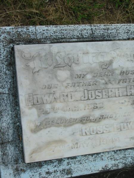 Edward Joseph HENNINGSEN,  | husband father father-in-law,  | died 29 Jan 1967 aged 59 years;  | Ross Edward,  | son brother brother-in-law,  | died 7 May 1944 aged 1 day;  | Goomeri cemetery, Kilkivan Shire  | 