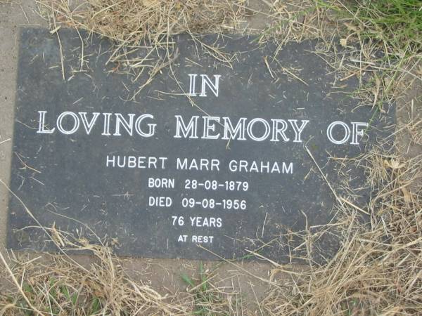 Hubert Marr GRAHAM,  | born 28-08-1879,  | died 09-08-1956 aged 76 years;  | Goomeri cemetery, Kilkivan Shire  | 