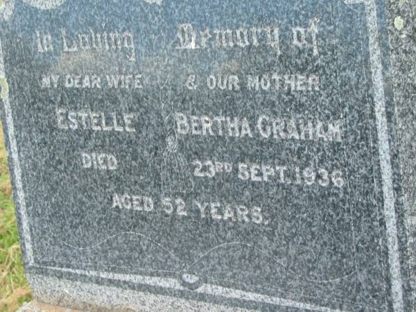 Estelle Bertha GRAHAM,  | wife mother,  | died 23 Sept 1936 aged 52 years;  | Goomeri cemetery, Kilkivan Shire  | 