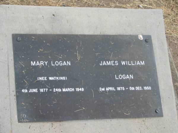 Mary LOGAN (nee WATKINS),  | 4 June 1877 - 24 March 1949;  | James William LOGAN,  | 2 April 1875 - 5 Dec 1950;  | Goomeri cemetery, Kilkivan Shire  | 