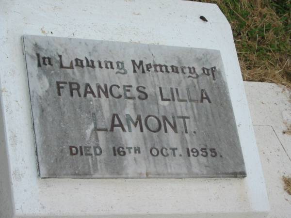 Frances Lilla LAMONT,  | died 16 Oct 1955;  | Goomeri cemetery, Kilkivan Shire  | 