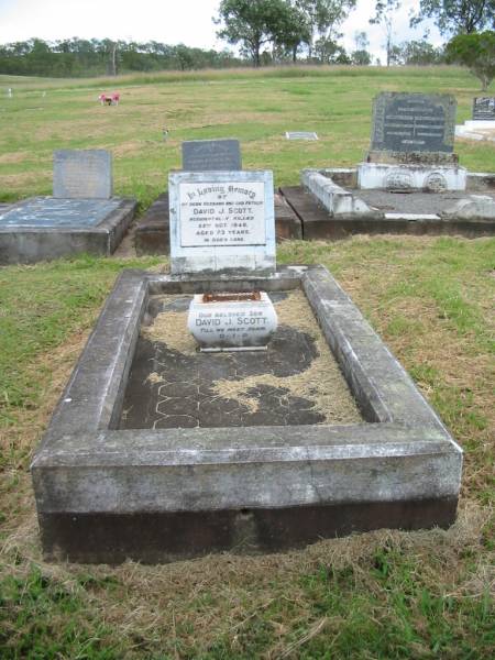 David J. SCOTT,  | husband father son,  | accidentally killed 22 Oct 1949 aged 23 years;  | Goomeri cemetery, Kilkivan Shire  | 