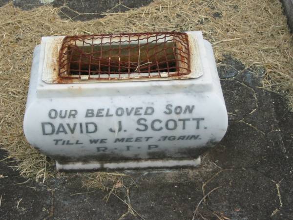 David J. SCOTT,  | husband father son,  | accidentally killed 22 Oct 1949 aged 23 years;  | Goomeri cemetery, Kilkivan Shire  | 