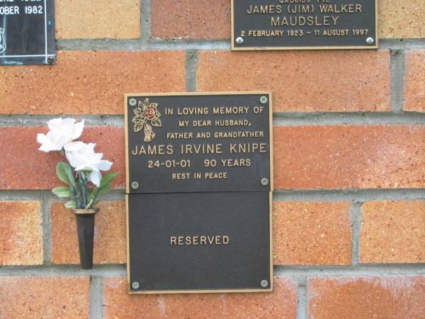 James Irvine KNIPE,  | husband father grandfather,  | died 24-01-01 aged 90 years;  | Goomeri cemetery, Kilkivan Shire  | 