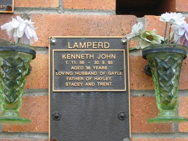 Kenneth John LAMPERD,  | 1-11-56 - 30-8-93 aged 36 years,  | husband of Gayle,  | father of Hayley, Stacey & Trent;  | Goomeri cemetery, Kilkivan Shire  | 