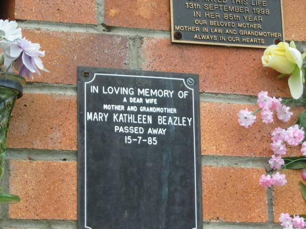 Mary Kathleen BEAZLEY,  | wife mother grandmother,  | died 15-7-85;  | Goomeri cemetery, Kilkivan Shire  | 